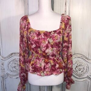 WAYF Beautiful Multi Color Sheer Square Neck Long Puff Sleeve Blouse Size XS